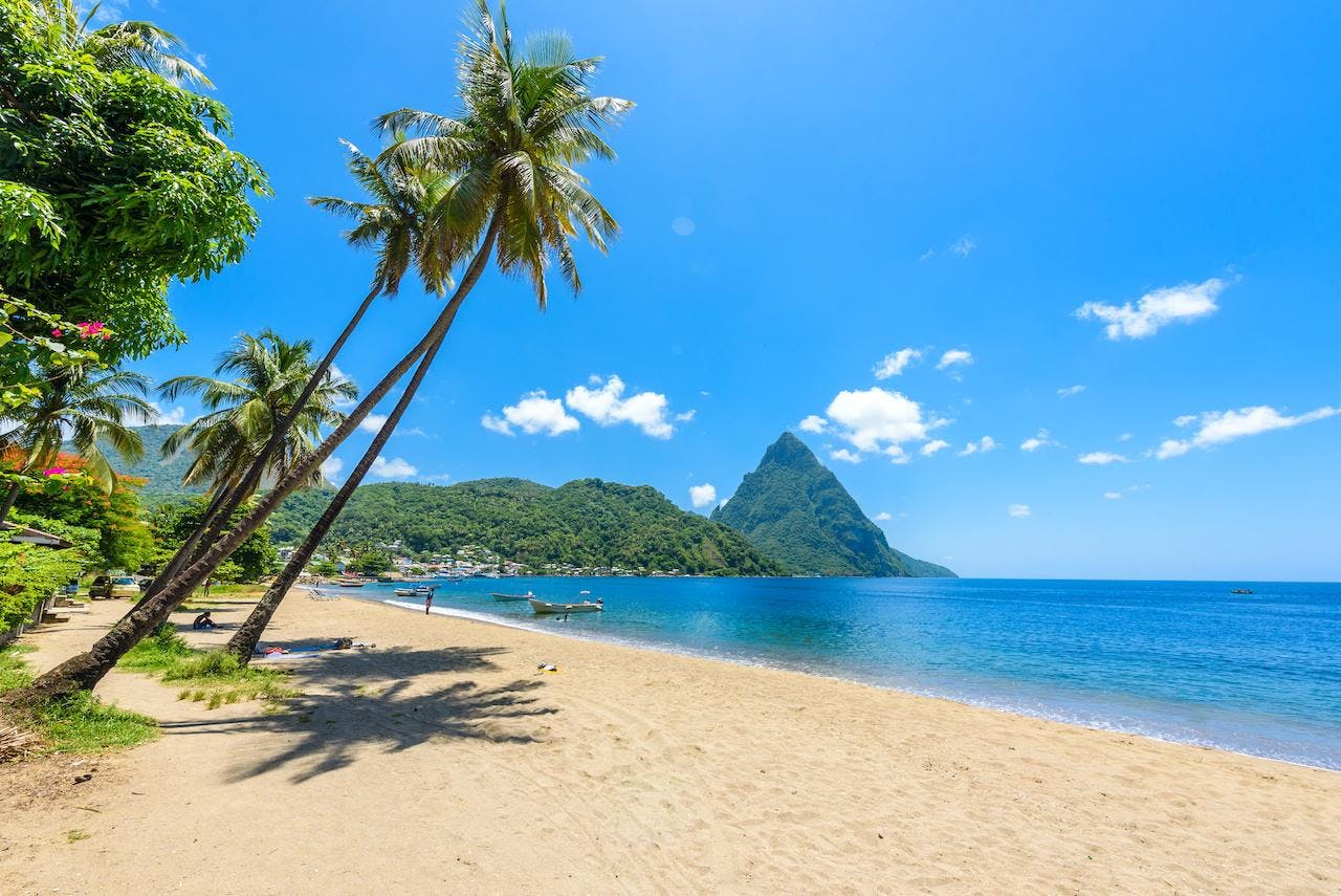 Soufriere beach and Pitons St Lucia
