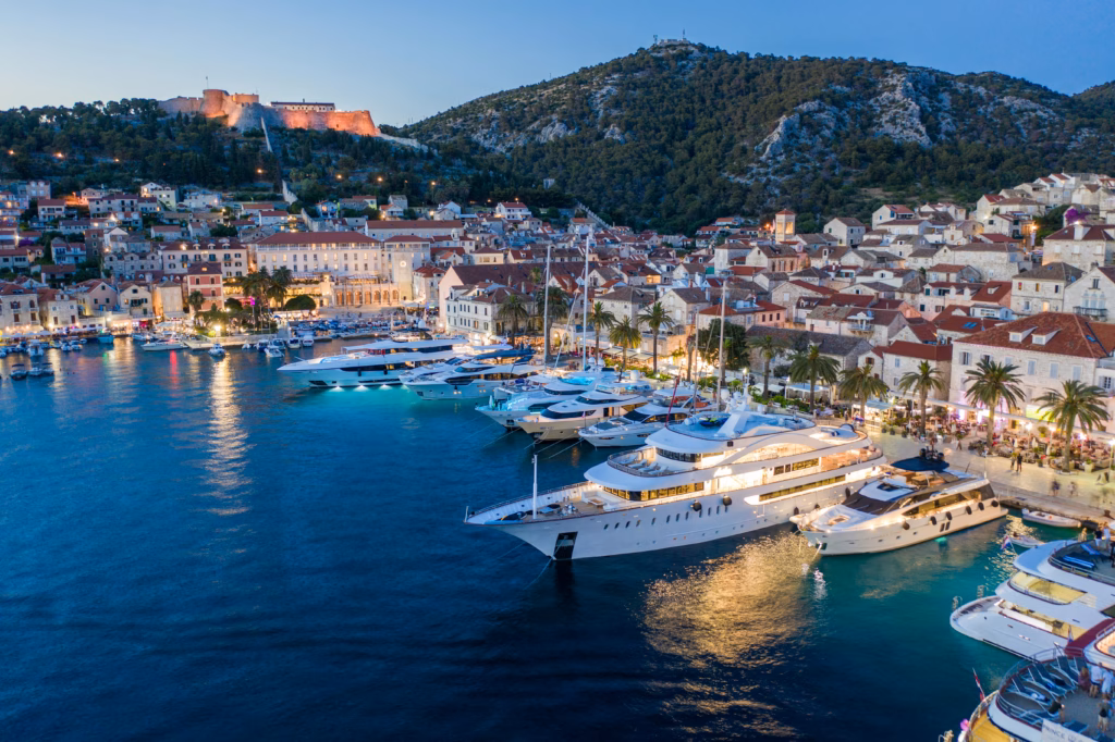 Luxury yachts moored in harbour of Hvar, Croatia