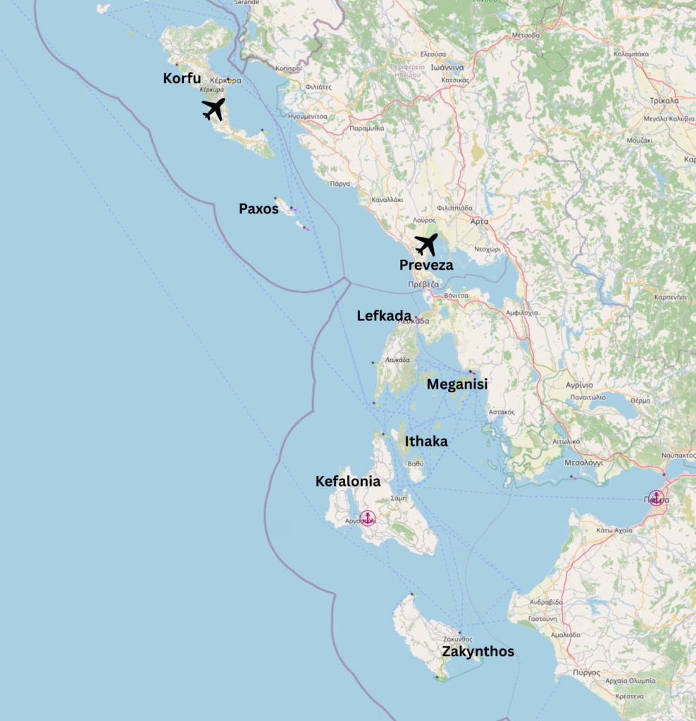 Map of the Ionian Sea showing the key islands and marinas
