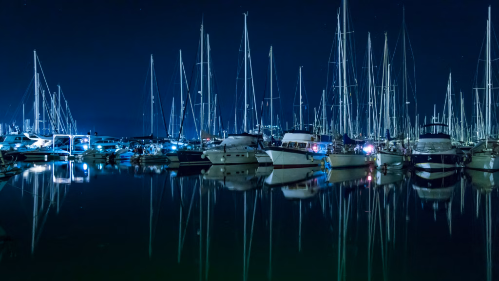 Marina Gouvia, Corfu, with charter yachts at night
